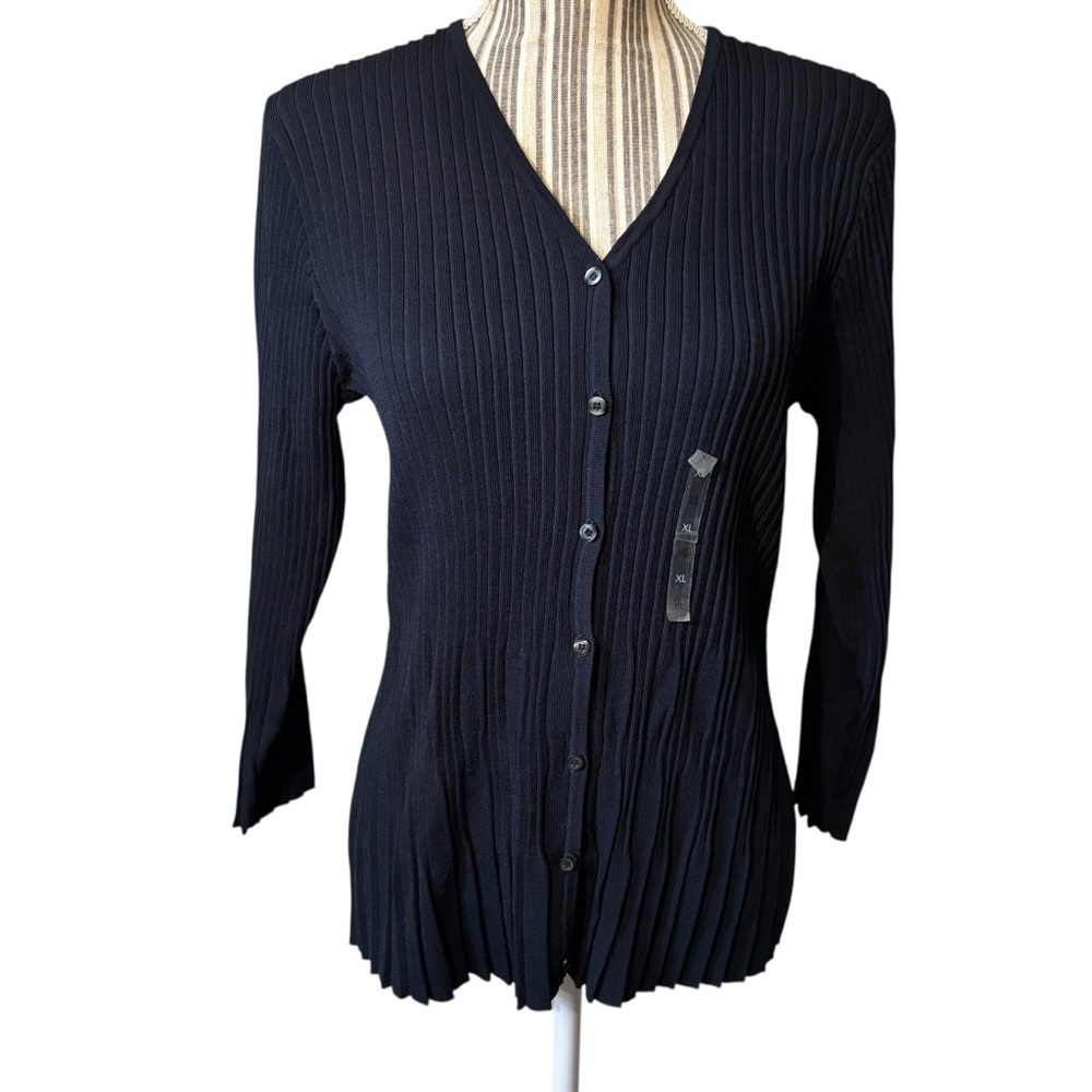 NWT Liz Claiborne Cardigan XL Navy Blue Ribbed V-Neck Button-Up Rayon Stretch